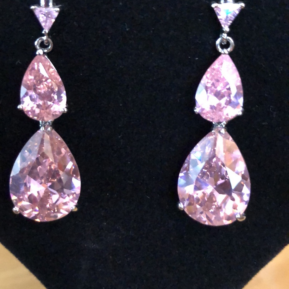 Elegant Pink Pear Shaped Iridescent 2” Long Crystal Earrings